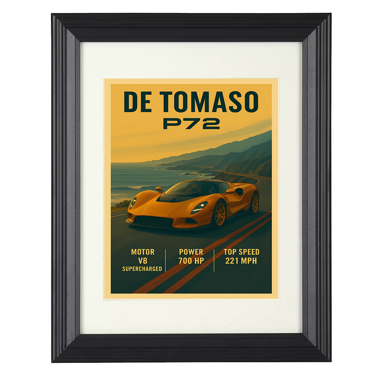 De Tomaso P72 - Retro Modern Exotic 8x10 black framed car print