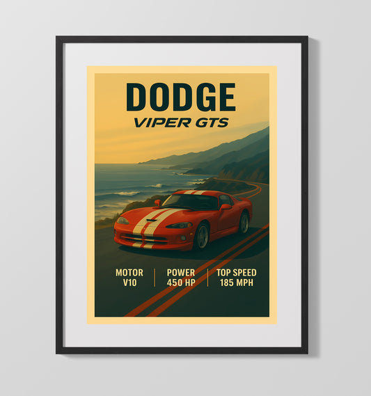Dodge Viper GTS White Stripe Coupe Vintage Wall Art 16x20 Gallery Framed Artwork wall art print – automotive decor