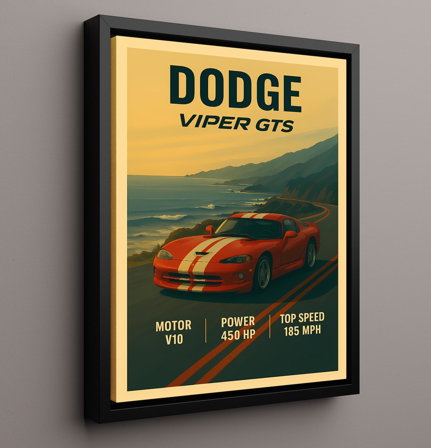 Dodge Viper GTS White Stripe Coupe Vintage 16x20 Framed Canvas automotive wall art print – Automotive Wall Art decor