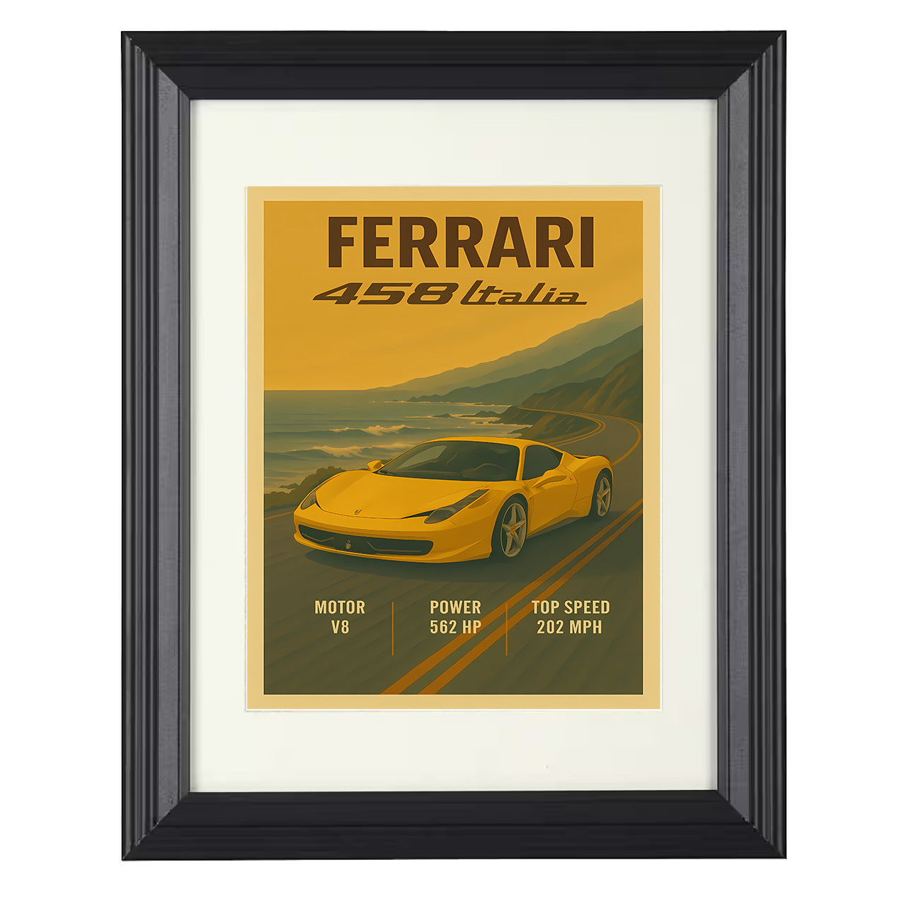 Ferrari 458 Italia - Sculpted Side Intake Bodylines 8x10 black framed car print