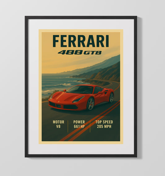 Ferrari 488 GTB Turbocharged V8 Side Scoop Vintage Wall Art 16x20 Gallery Framed Artwork wall art print – automotive decor