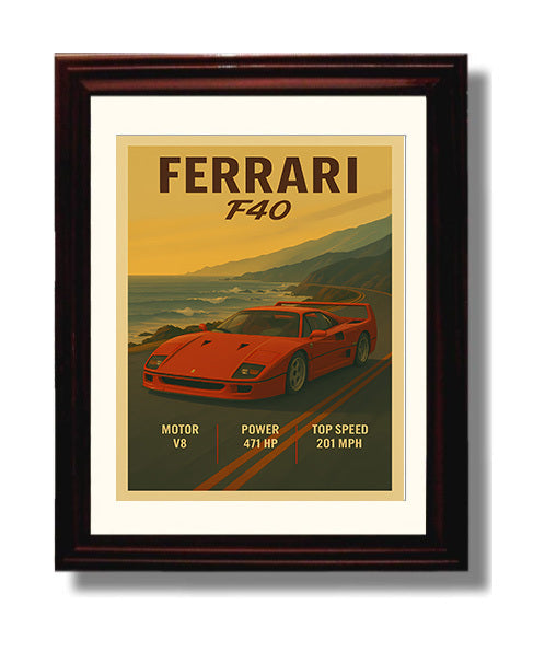 Ferrari F40 Twin Turbo Rear Wing Vintage 8x10 Beveled Frame automotive wall art print – Automotive Wall Art decor