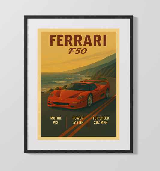 Ferrari F50 Open Top V12 Road Car Vintage Wall Art 16x20 Gallery Framed Artwork wall art print – automotive decor