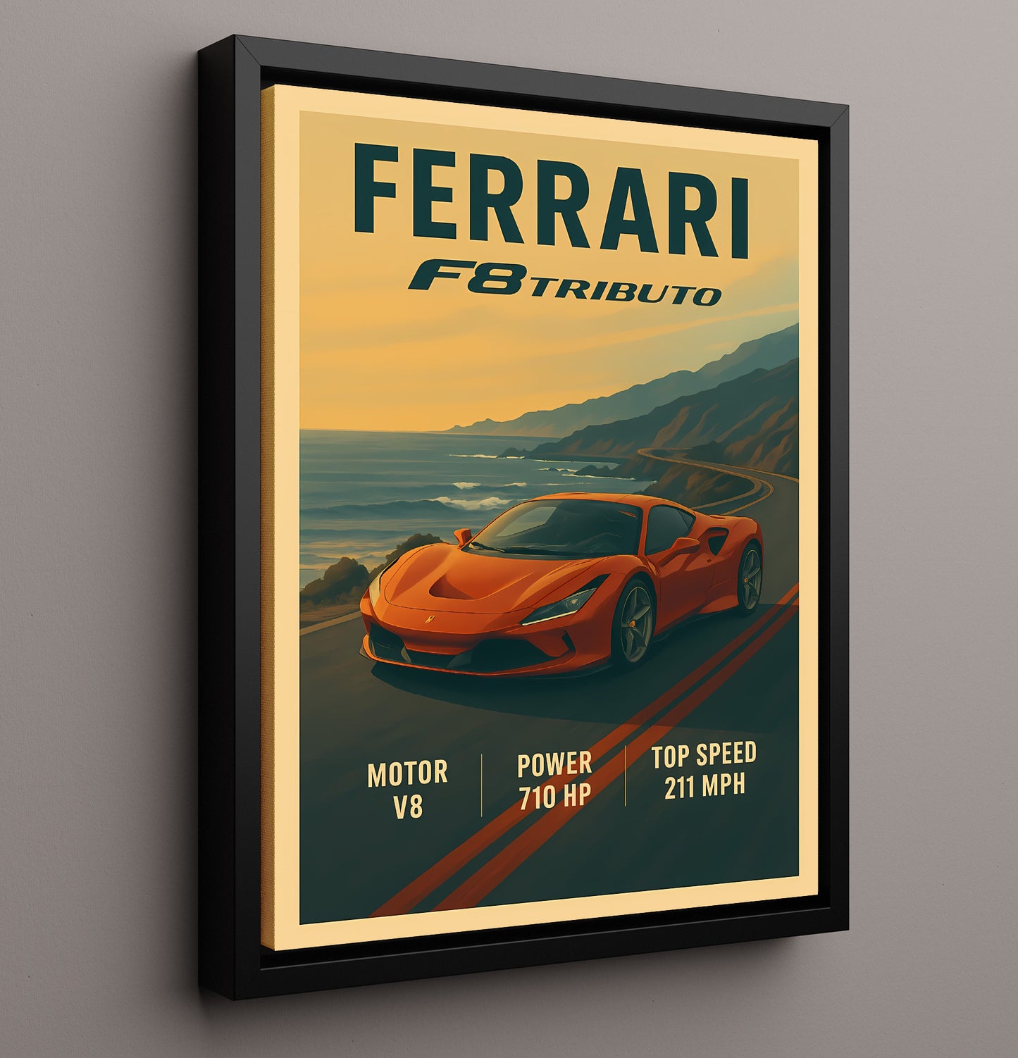 Ferrari F8 Tributo Modern Twin Turbo Aero Vintage 16x20 Framed Canvas automotive wall art print – Automotive Wall Art decor