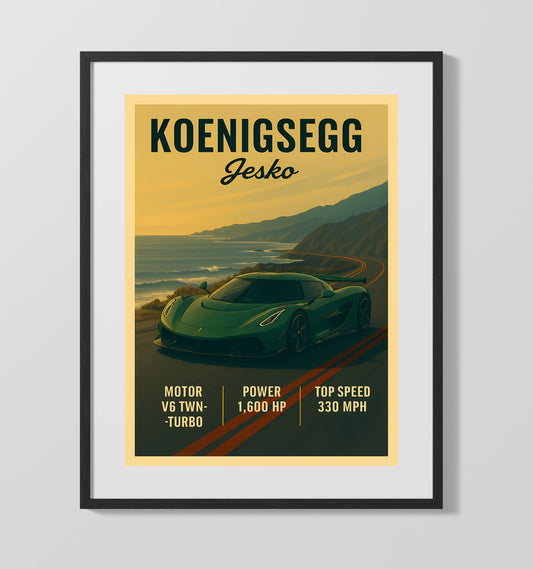Koenigsegg Jesko 1600HP Hypercar Vintage Wall Art 16x20 Gallery Framed Artwork wall art print – automotive decor