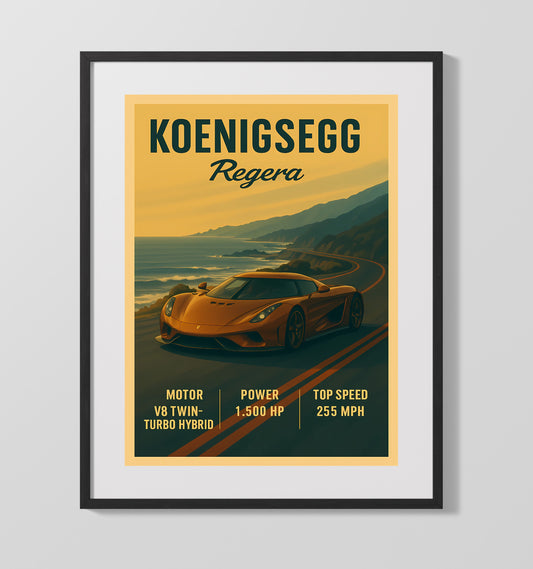 Koenigsegg Regera Hybrid Hypercar Vintage Wall Art 16x20 Gallery Framed Artwork wall art print – automotive decor