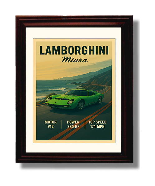 Lamborghini Miura Classic Mid Engine Curves Vintage 8x10 Beveled Frame automotive wall art print – Automotive Wall Art decor