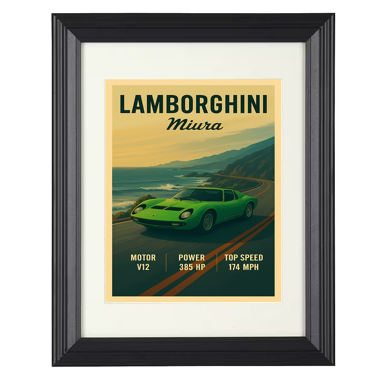 Lamborghini Miura - Classic Mid-Engine Curves 8x10 black framed car print