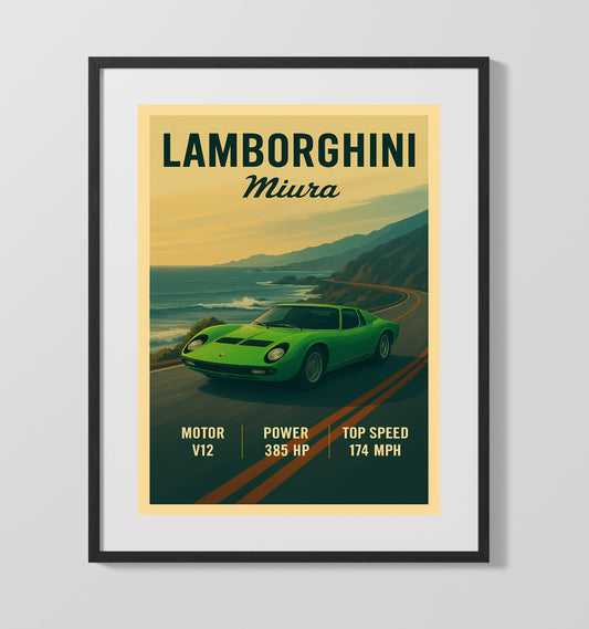 Lamborghini Miura Classic Mid Engine Curves Vintage Wall Art 16x20 Gallery Framed Artwork wall art print – automotive decor