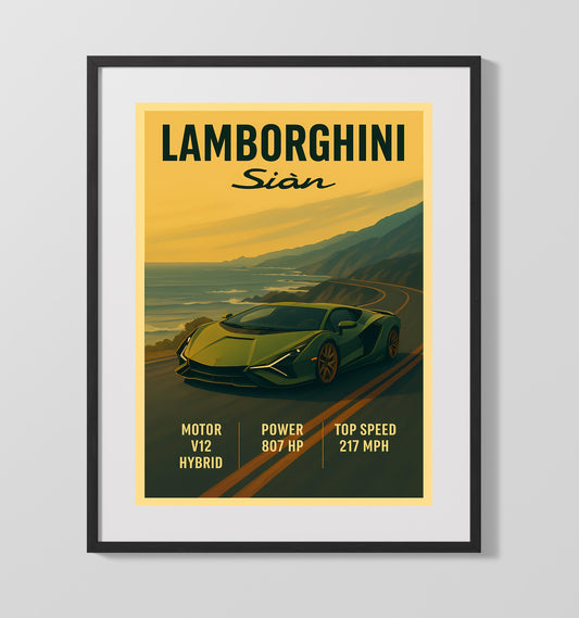 Lamborghini Sian Y Light Hybrid Design Vintage Wall Art 16x20 Gallery Framed Artwork wall art print – automotive decor