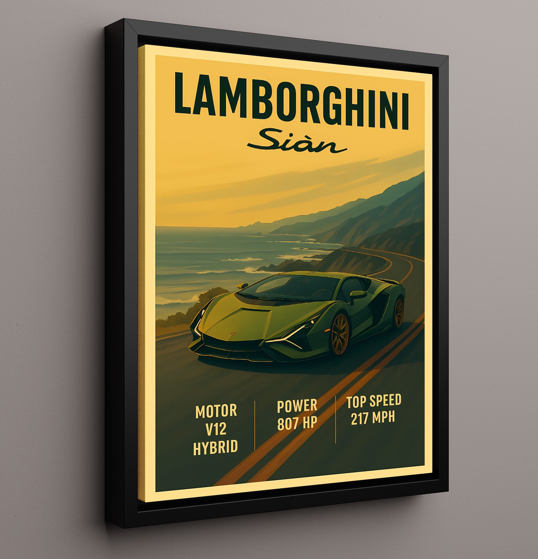 Lamborghini Sian Y Light Hybrid Design Vintage 16x20 Framed Canvas automotive wall art print – Automotive Wall Art decor