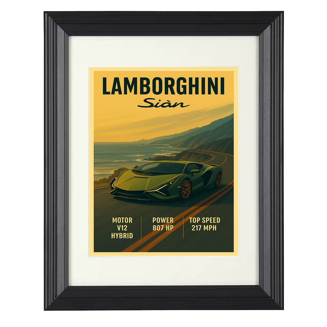 Lamborghini Sian - Y-Light Hybrid Design 8x10 black framed car print