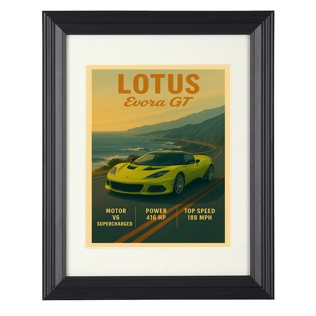 Lotus Evora GT - Lightweight Supercharged 8x10 black framed car print