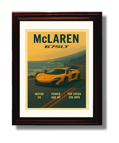 McLaren 675LT Longtail Lightweight Track Focus Vintage 8x10 Beveled Frame automotive wall art print – Automotive Wall Art decor
