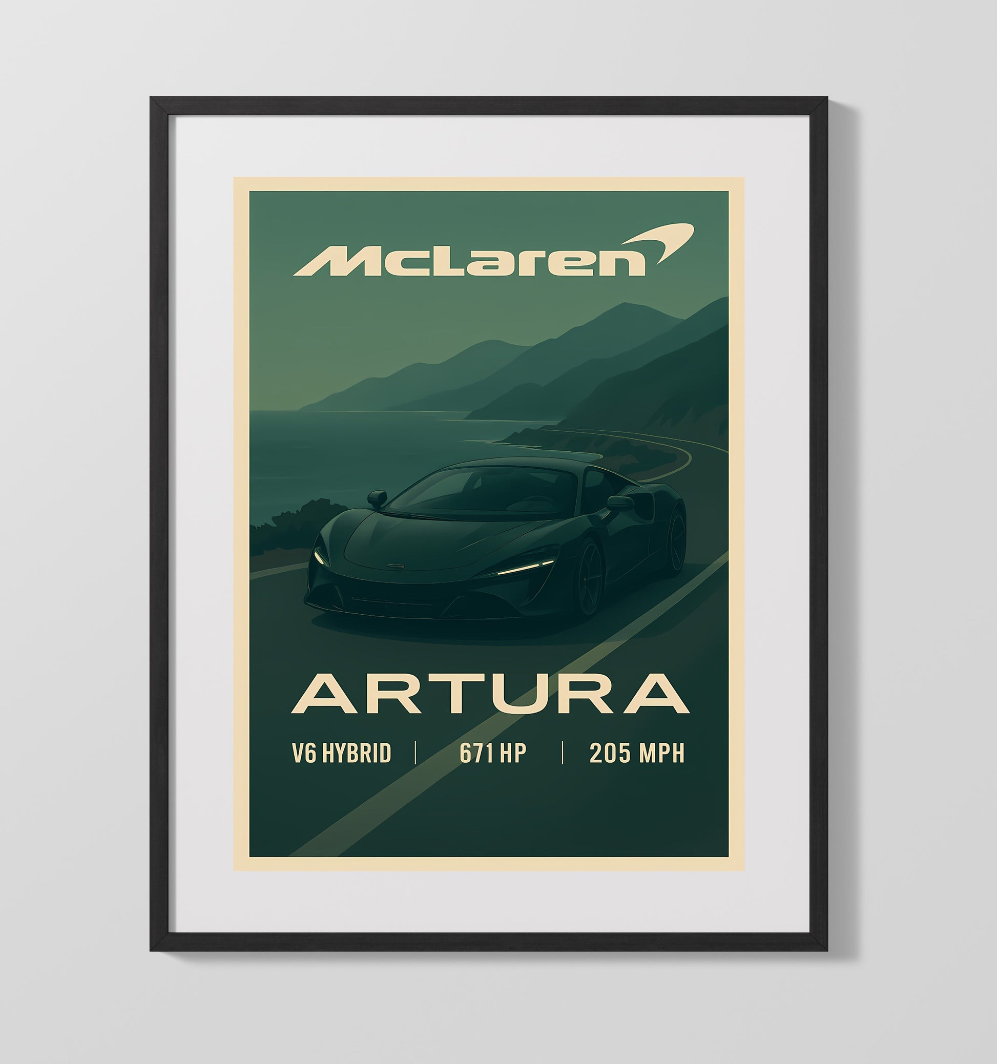 McLaren Artura Hybrid V6 Modern Platform Vintage 16x20 Gallery Frame automotive wall art print – Automotive Wall Art decor