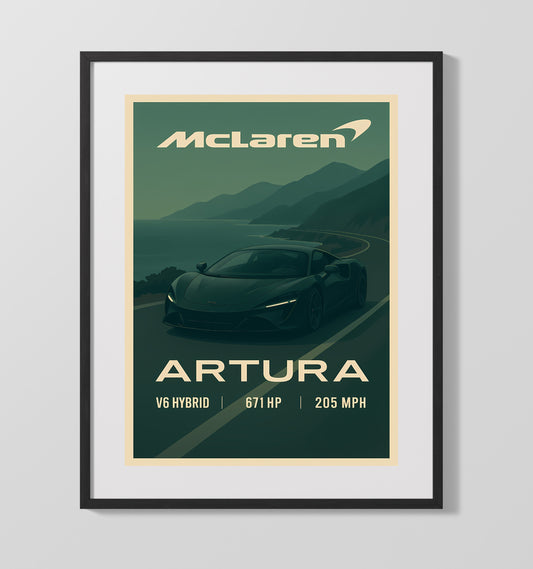 McLaren Artura Hybrid V6 Modern Platform Vintage Wall Art 16x20 Gallery Framed Artwork wall art print – automotive decor