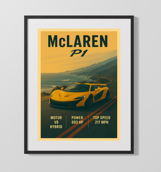 McLaren P1 Hybrid Hypercar Aero Wing Vintage Wall Art 16x20 Gallery Framed Artwork wall art print – automotive decor