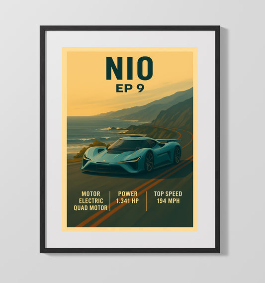NIO EP9 Electric Track Hypercar Vintage Wall Art 16x20 Gallery Framed Artwork wall art print – automotive decor