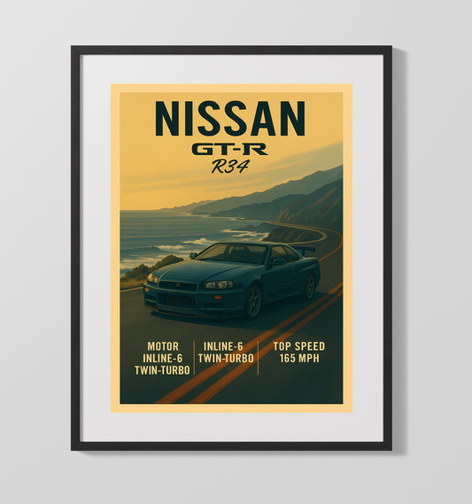 Nissan GT R R34 JDM Legend Vintage Wall Art 16x20 Gallery Framed Artwork wall art print – automotive decor