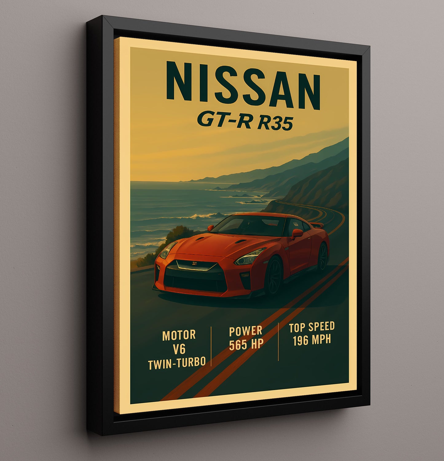 Nissan GT R R35 Twin Turbo AWD Legend Vintage 16x20 Framed Canvas automotive wall art print – Automotive Wall Art decor