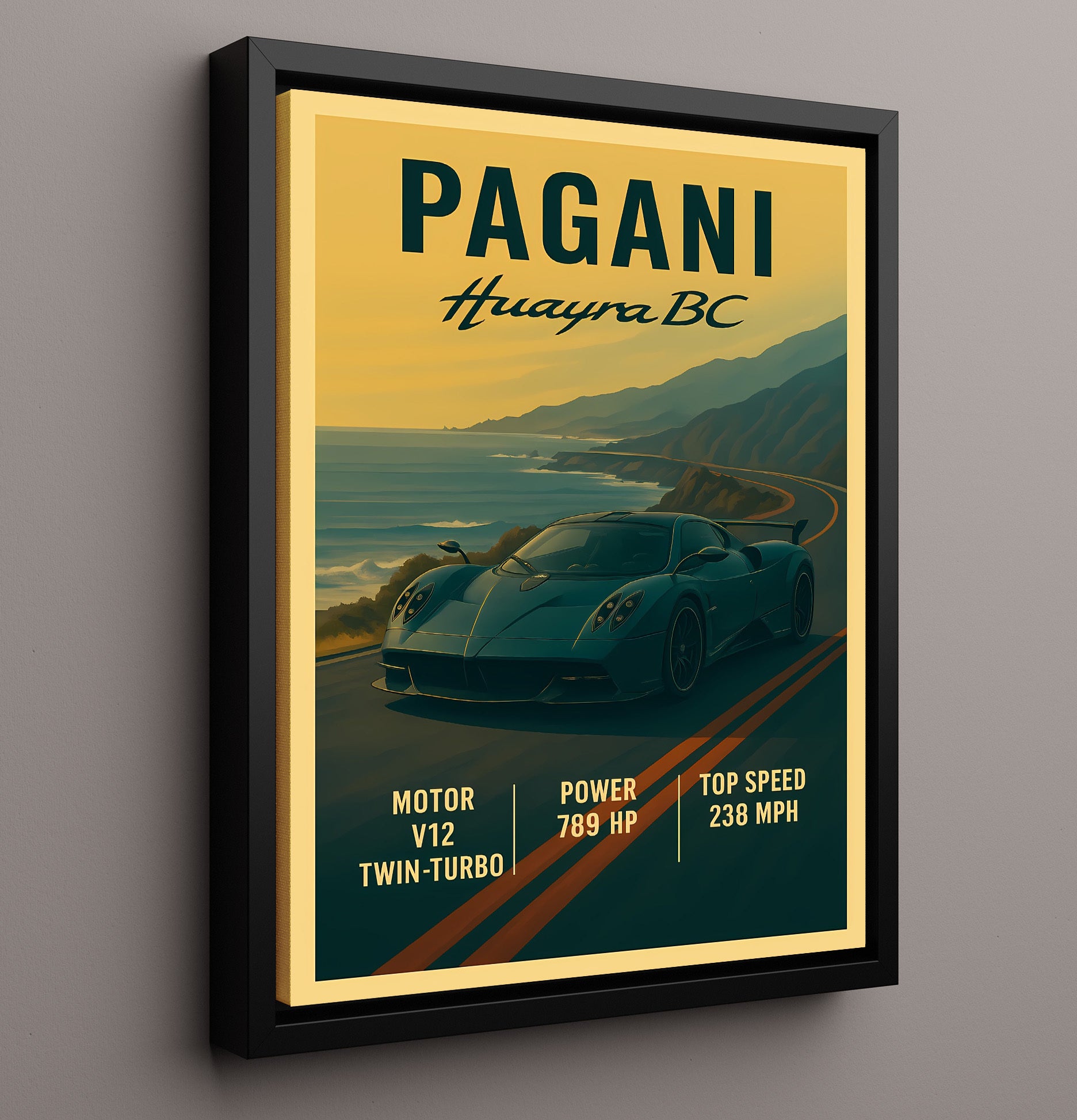 Pagani Huayra BC Twin Turbo V12 Carbon Aero Vintage 16x20 Framed Canvas automotive wall art print – Automotive Wall Art decor