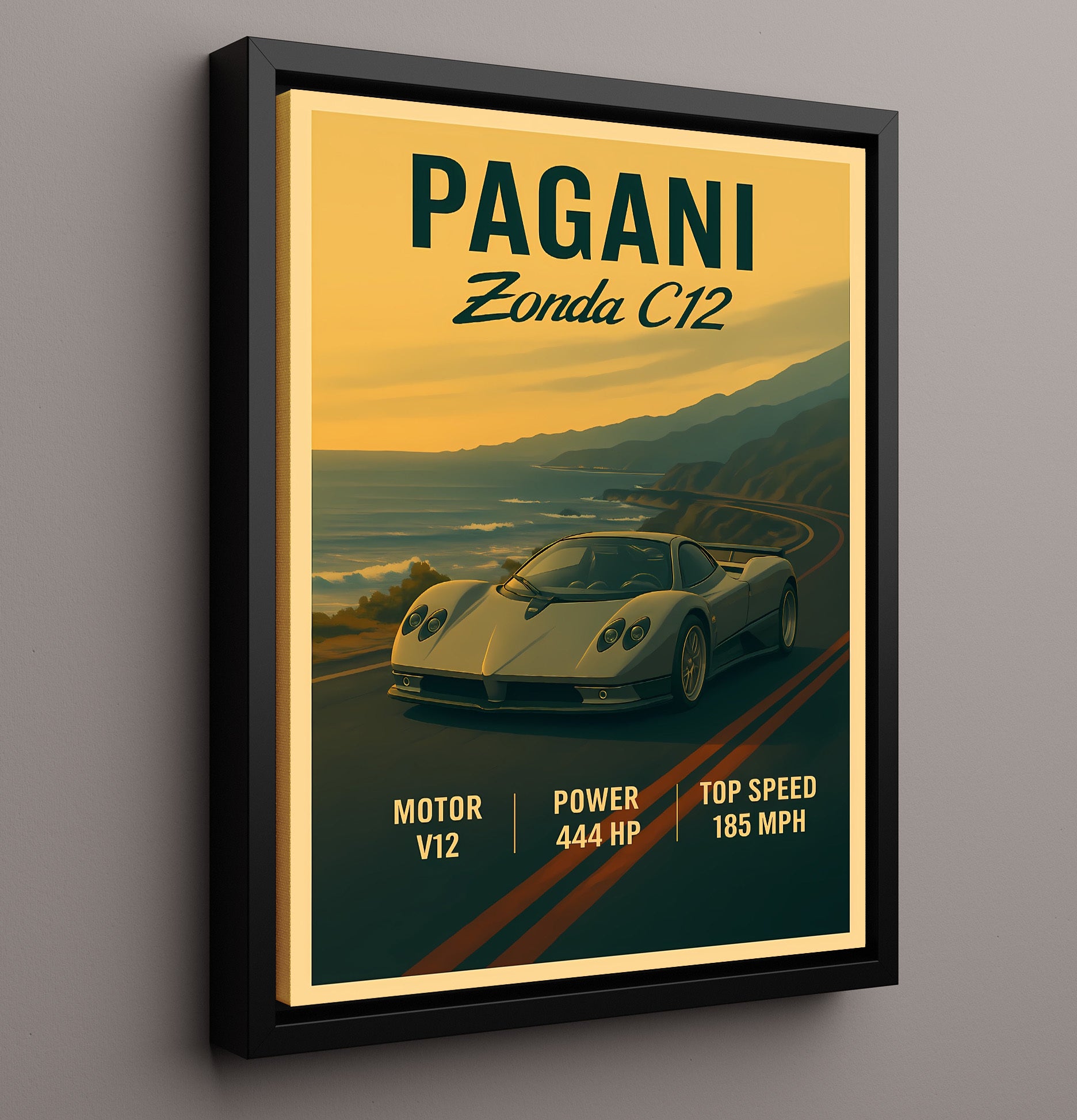 Pagani Zonda C12 Original V12 Supercar Vintage 16x20 Framed Canvas automotive wall art print – Automotive Wall Art decor