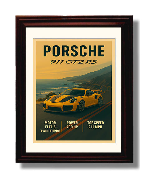 Porsche 911 GT2 RS Twin Turbo Track Monster Vintage 8x10 Beveled Frame automotive wall art print – Automotive Wall Art decor