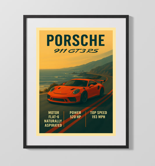 Porsche 911 GT3 RS Naturally Aspirated Track Weapon Vintage Wall Art 16x20 Gallery Framed Artwork wall art print – automotive decor