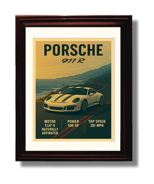 Porsche 911 R Lightweight Purist Edition Vintage 8x10 Beveled Frame automotive wall art print – Automotive Wall Art decor