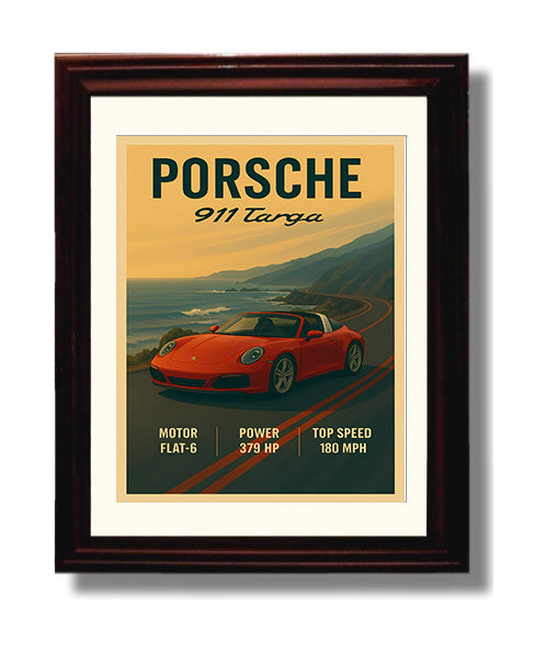 Porsche 911 Targa Classic Open Roof Design Vintage 8x10 Beveled Frame automotive wall art print – Automotive Wall Art decor
