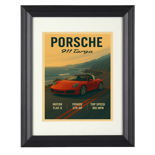 Porsche 911 Targa - Classic Open Roof Design 8x10 black framed car print