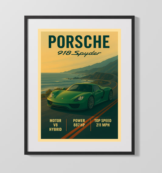 Porsche 918 Spyder Hybrid Hypercar Roadster Vintage Wall Art 16x20 Gallery Framed Artwork wall art print – automotive decor