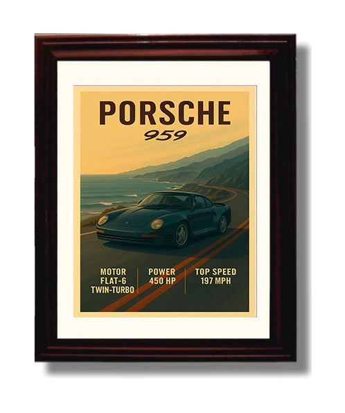 Porsche 959 Twin Turbo AWD Pioneer Vintage 8x10 Beveled Frame automotive wall art print – Automotive Wall Art decor