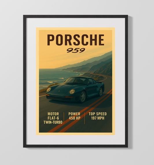 Porsche 959 Twin Turbo AWD Pioneer Vintage Wall Art 16x20 Gallery Framed Artwork wall art print – automotive decor