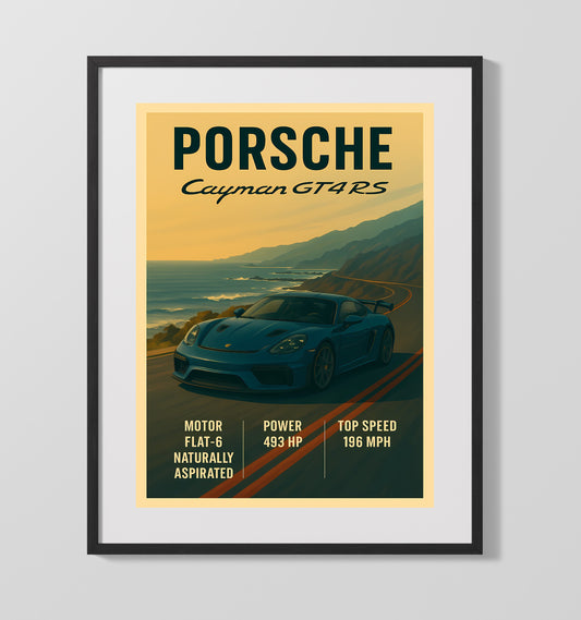 Porsche Cayman GT4 RS Track Focus Flat 6 Vintage Wall Art 16x20 Gallery Framed Artwork wall art print – automotive decor