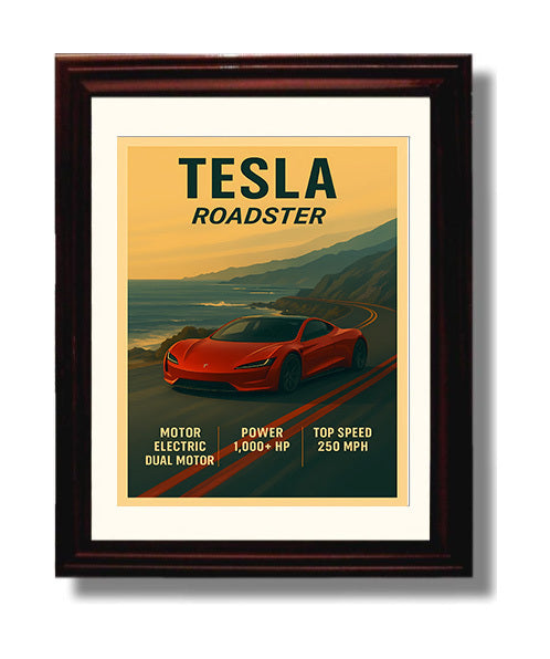 Tesla Roadster Electric Performance Vintage 8x10 Beveled Frame automotive wall art print – Automotive Wall Art decor