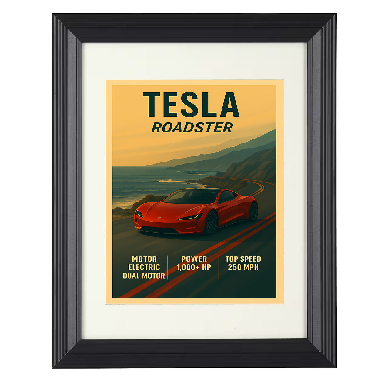 Tesla Roadster - Electric Performance 8x10 black framed car print