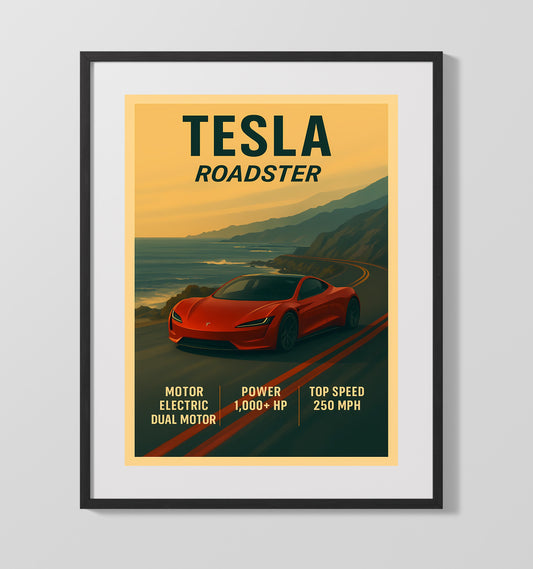 Tesla Roadster Electric Performance Vintage Wall Art 16x20 Gallery Framed Artwork wall art print – automotive decor