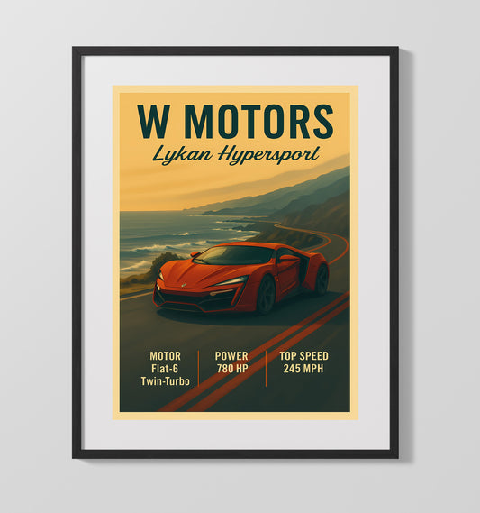 W Motors Lykan Hypersport Exotic Hypercar Vintage Wall Art 16x20 Gallery Framed Artwork wall art print – automotive decor