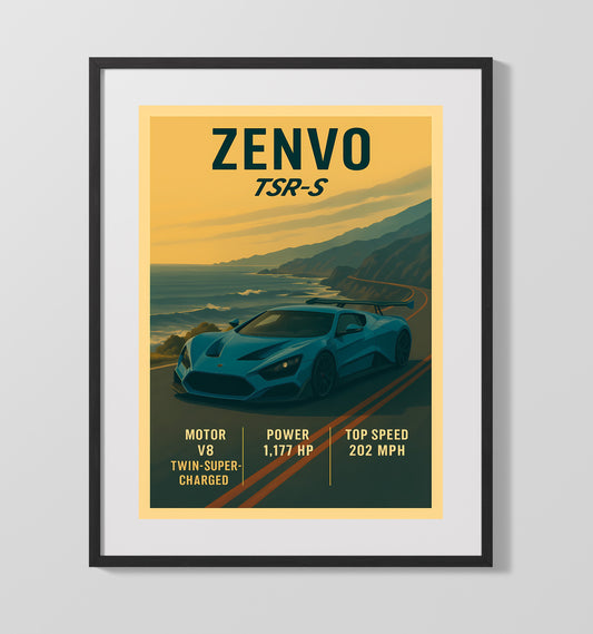 Zenvo TSR S Extreme Track Hypercar Vintage Wall Art 16x20 Gallery Framed Artwork wall art print – automotive decor