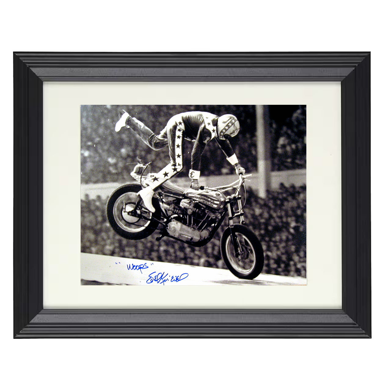 Evel Knievel – Motorcycle Stunt Crash Moment 8x10 matted black framed celebrity wall art