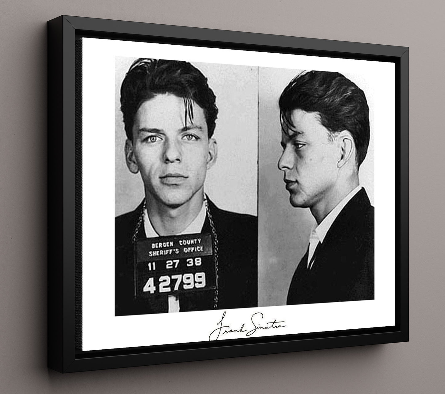 Frank Sinatra Bergen County Sheriffs Office 1938 Landscape.jpg Mug Shot Print 16x20 Framed Canvas mug shot wall art print