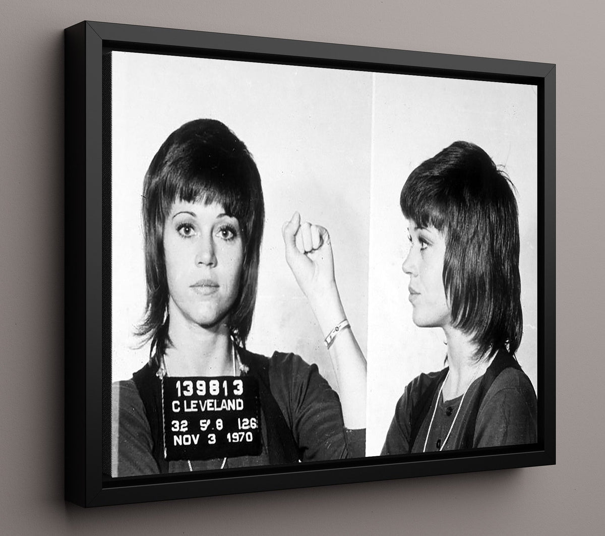 Jane Fonda - Cleveland Police Department 1970 mug shot wall art 16x20 Gallery Frame