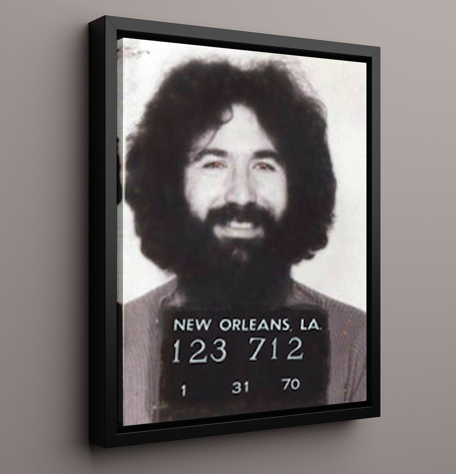 Jerry Garcia - New Orleans Police 1970 mug shot wall art 16x20 Framed Canvas
