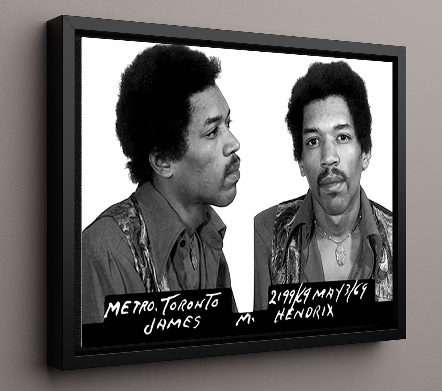 Jimi Hendrix - Toronto Police Department 1969 mug shot wall art 16x20 Framed Canvas