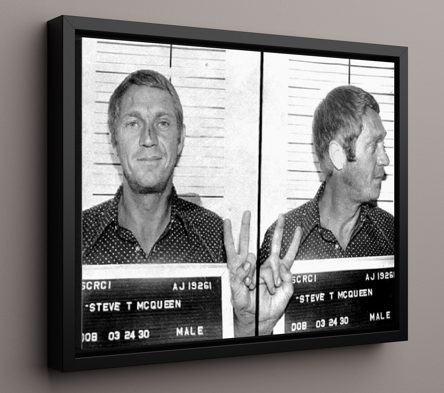 Steve McQueen - Santa Clara County Sheriff 1972 mug shot wall art 16x20 Framed Canvas