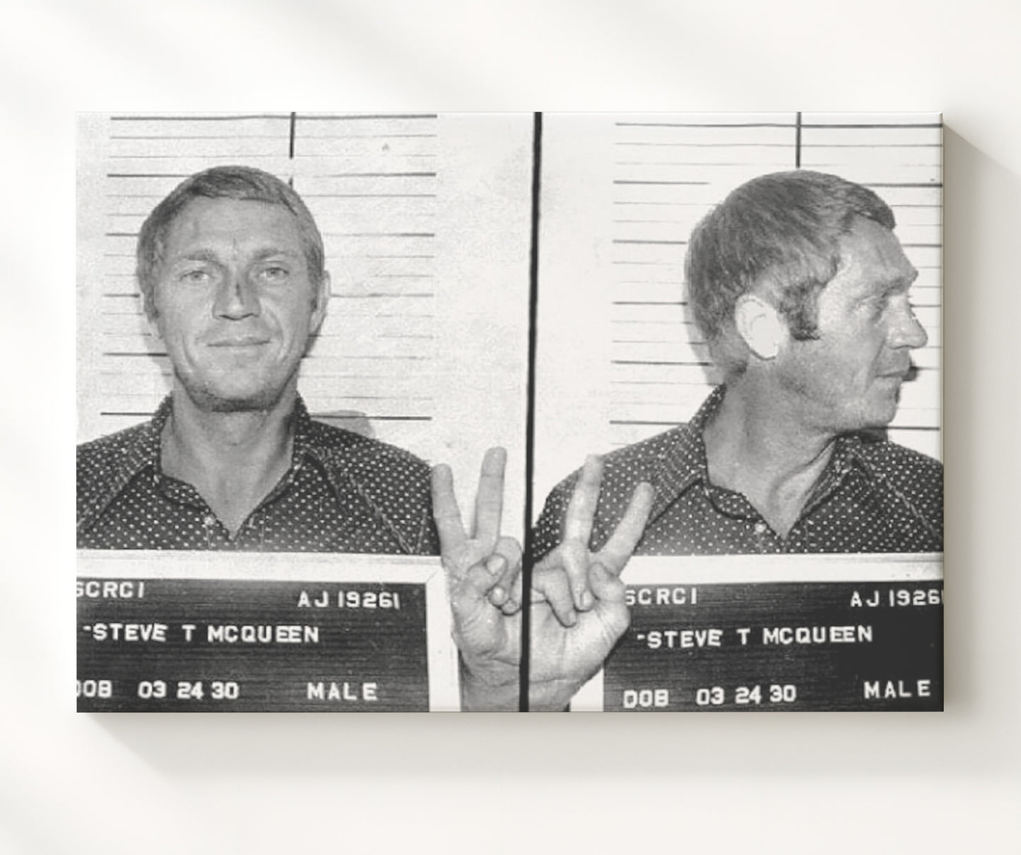 Steve McQueen Santa Clara County Sheriff 1972 Mug Shot Print 20x24 Canvas mug shot wall art print