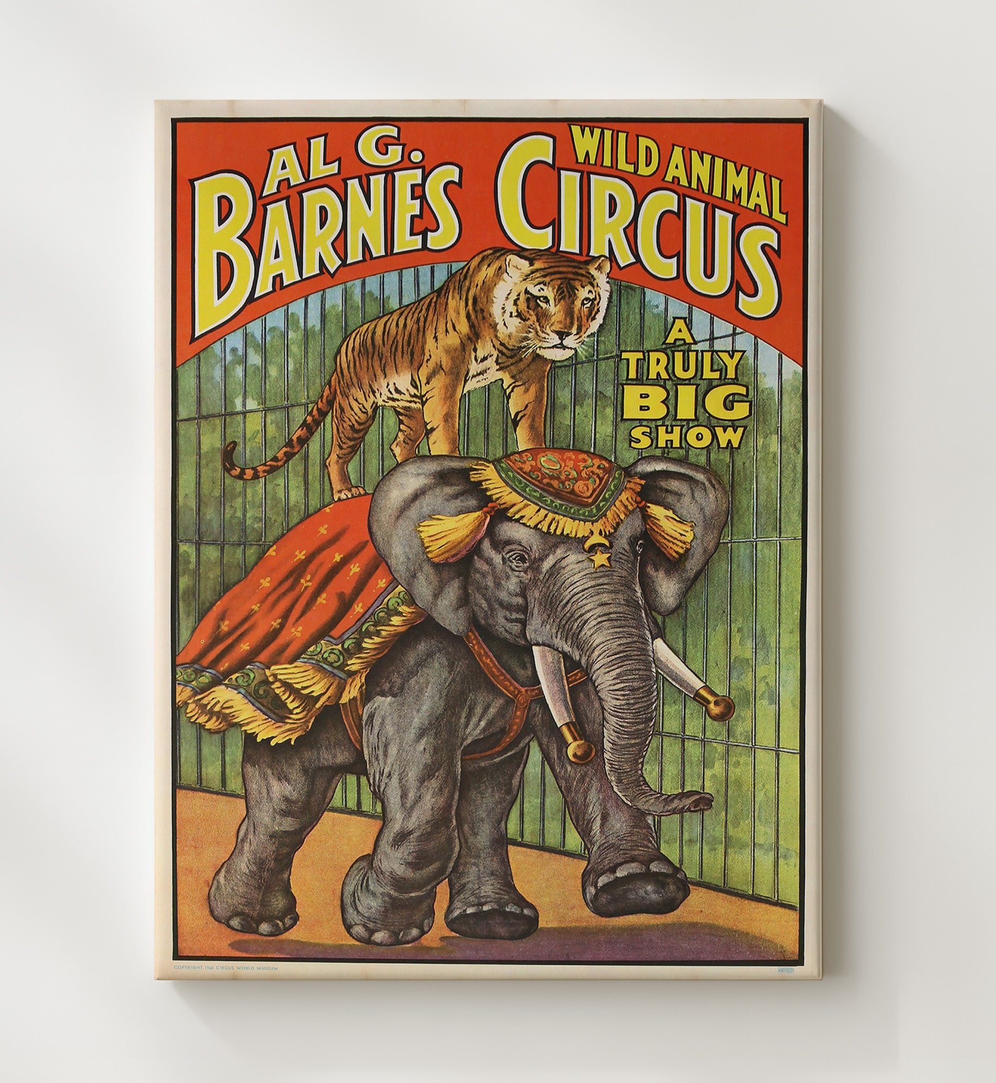 Al G. Barnes Wild Animal Elephant and Tiger Vintage Circus Print 20x24 Canvas circus wall art print