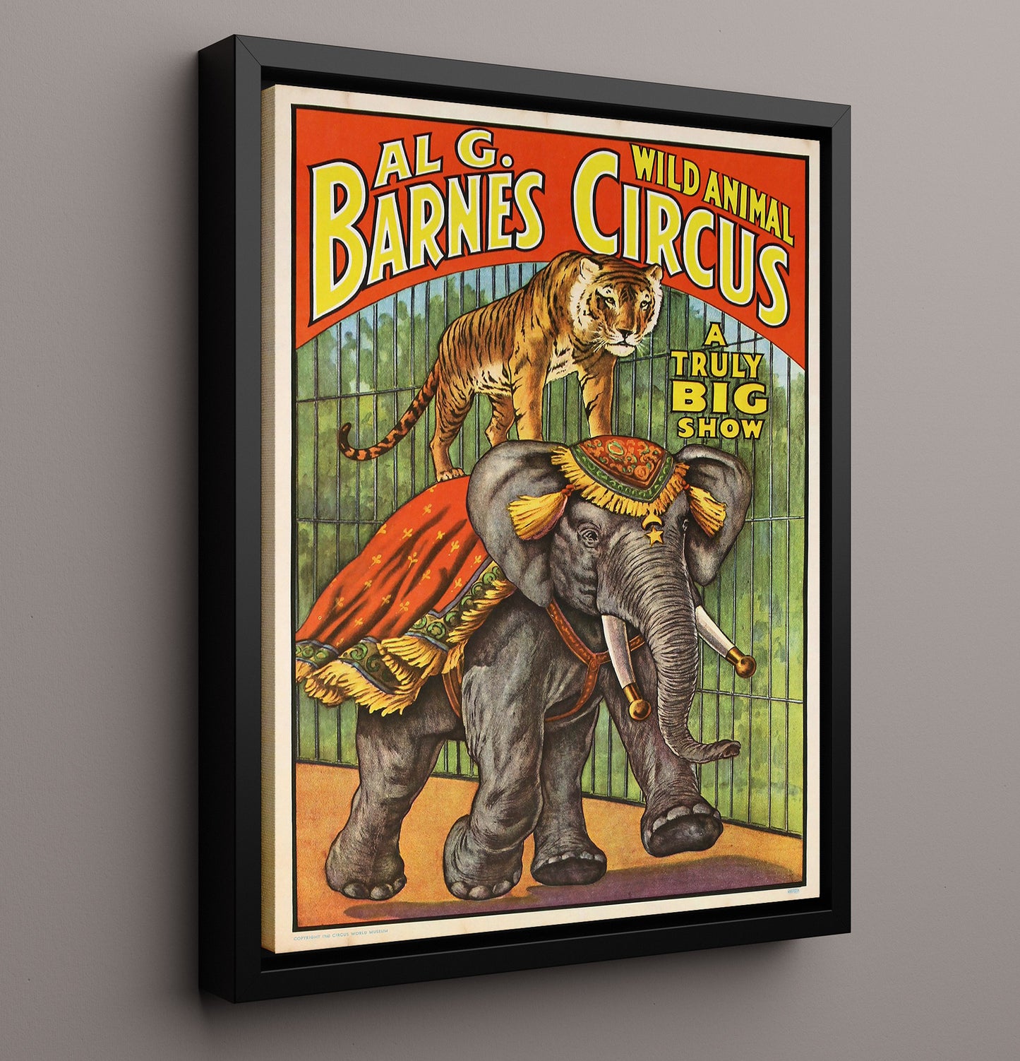 Al G. Barnes Wild Animal Elephant and Tiger Vintage Circus Print 16x20 Framed Canvas circus wall art print