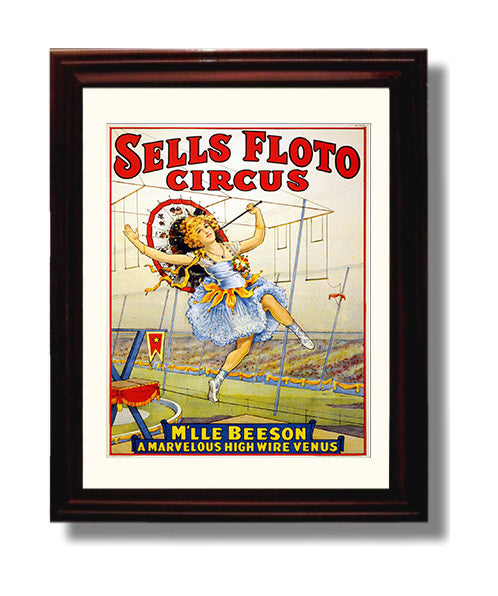 Sells Floto Mlle Beeson High Wire 1921 Vintage Circus Print 8x10 Beveled Frame circus wall art print